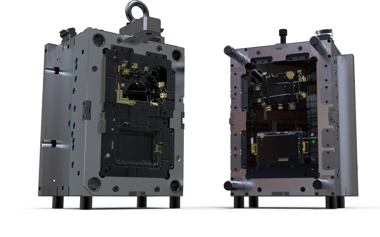 Two injection mould assemblies with open cavity and core halves and gold inserts